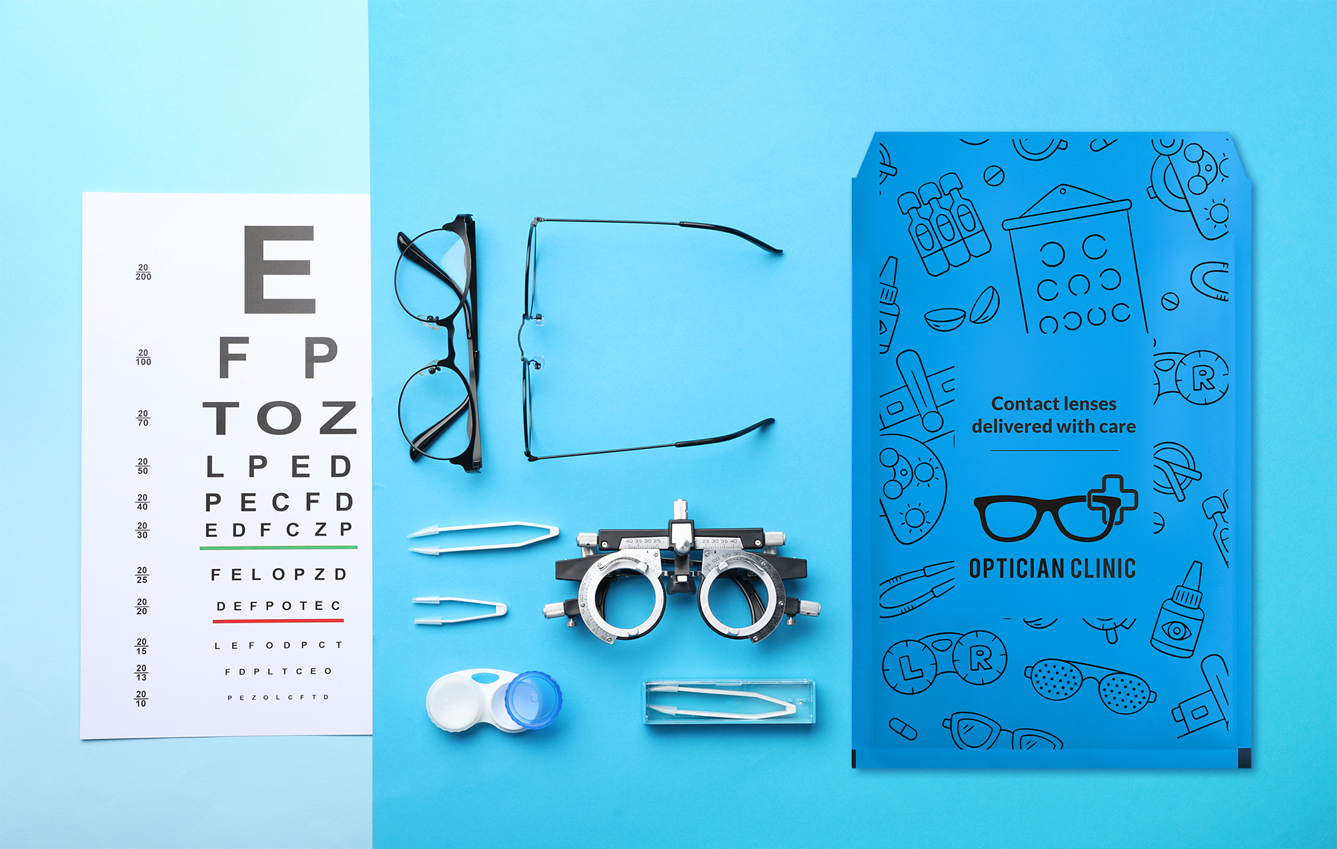 Kompozycja płaska z tabelą do badania wzroku i okularami na jasnoniebieskim tle z niebieską koperta bąbelkową z nadrukiem
